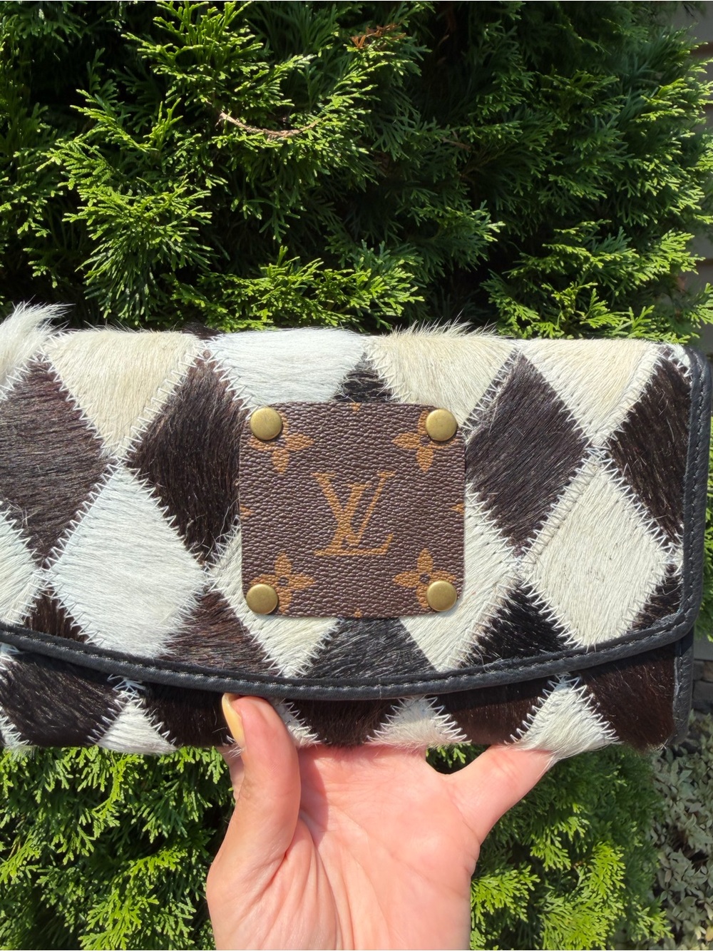 Upcycled Louis Vuitton Patch Black & White Diamond Cowhide Wallet - Picture 12 of 15